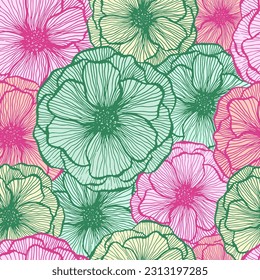 Pretty poppy floral summer vector seamless pattern. Marker line texture blossom petals. Field poppy flower textile print design. Cool garden flower ornament. Flat graphic illustration.