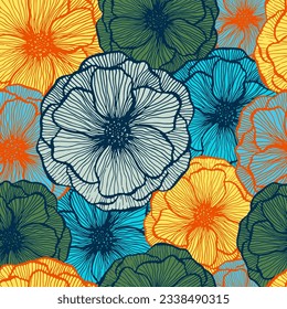 Pretty poppy floral summer vector seamless pattern. Marker line texture blossom petals. Field poppy flower textile print design. Awesome garden flower ornament. Flat graphic illustration.