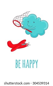 Pretty postcard with a cartoon cloud that catches a butterfly net red plane.