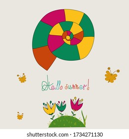 Bonita postal Hola verano, con Flores de Color Diferentes. Ilustración vectorial. Perfecto para tu diseño.