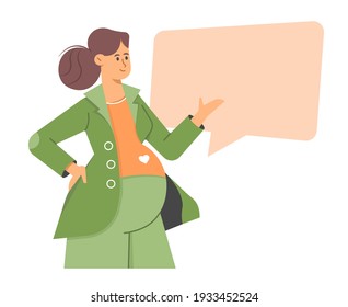 Pretty pregnant girl stands next to the speech bubble. Sweet mommy with a tummy, expecting a baby, talking about parenting. Vector flat illustration.