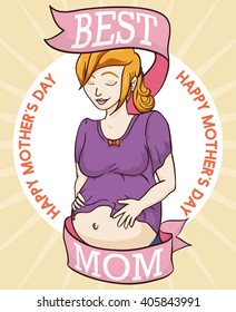 Pretty pregnant lady showing proudly her belly with greeting ribbons around and rounded sign commemorating Mother's Day.