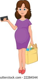 pretty pregnant mom shopping on white background