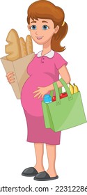 pretty pregnant mom shopping on white background