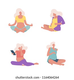 	
Pretty pregnant woman doing yoga, having healthy lifestyle and relaxation, exercises for pregnant women vector flat illustration. Happy and healthy pregnancy concept isolated on white background.