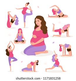 Pretty pregnant woman doing yoga, having healthy lifestyle and relaxation, exercises for pregnant women vector flat illustration. Happy and healthy pregnancy concept isolated on white background.