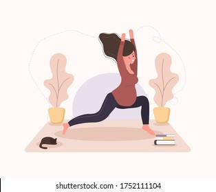 Pretty pregnant woman doing yoga, having healthy lifestyle and relaxation, exercises for girls. Modern vector flat illustration. Happy pregnancy concept isolated on white background.