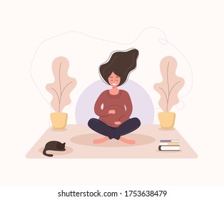 Pretty pregnant woman doing yoga, having healthy lifestyle and relaxation, exercises for girls. Modern vector flat illustration. Happy pregnancy concept isolated on white background.