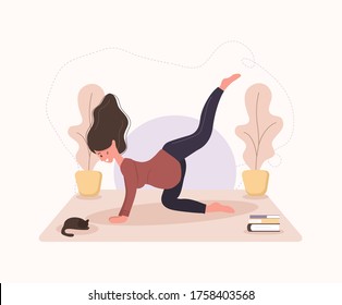 Pretty pregnant woman doing yoga, having healthy lifestyle and relaxation, exercises for girls. Modern vector flat illustration. Happy pregnancy concept isolated on white background.
