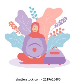 Pretty pregnant woman in hijab with a bag. Muslim girl. Time of birth or trip to the hospital. Pregnancy and motherhood. Carrying a child. Flat illustration. Violet.