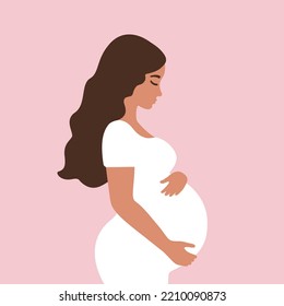 Pretty Pregnant woman love her belly - Happy pregnancy - Flat vector cartoon