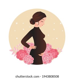 Pretty pregnant woman posing with baby bump decorated with flowers. Happy mothers day celebration card design.