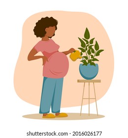 Pretty pregnant woman watering plant at home. Vector illustration. Flat design.