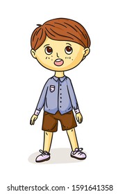 Pretty preschool boy singing song standing. Little male choral artist isolated on white. Choir vocal ensemble at school or in kindergarten. Vector flat illustration