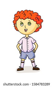Pretty preschool redhaired boy singing song standing. Little male choral artist isolated on white. Choir vocal ensemble at school or in kindergarten. Vector flat illustration