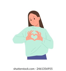 Pretty preteen girl child cartoon character gesturing heart sign indicating love vector illustration