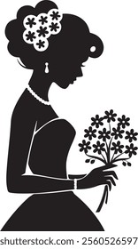 Pretty Princess Bride Silhouette Holding Bridal Bouquet vector illustration isolated on white background.