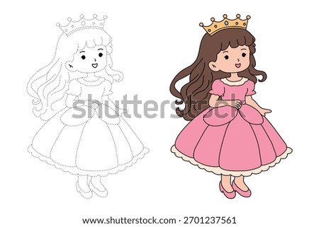 Pretty Princess With Crown Coloring Pages For Kids Printable Vector. Trace And Color Pretty Princess. Beautiful Princess Coloring Page. Printable Cute Princess Coloring Page.