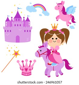 Pretty princess fairy tale collection with a beautiful horse, a castle, unicorn, rainbow, crown and magic wand. Vector illustration set