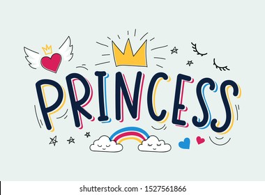 Pretty princess inspirational card quote banner vector illustration. Girly childhood room carefree design with rainbow, heart with wings and crown. Children birthday invitation card concept