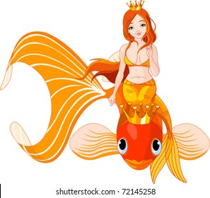 Pretty princess mermaid riding on a golden fish