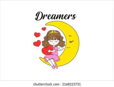 pretty princess in the moon hug love, cute illustration for kids 