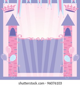 Pretty Princess party invitation with castle towers, banners, crowns and balloons welcome's you to her birthday with the castle gates that include your party info.