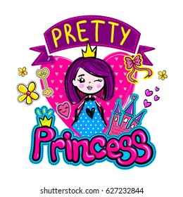 pretty princess t shirt design. Girlish background with pink heart, castle, key, flower, girl, crown, bow. tape.  cute cartoon  poster in bright colors. 