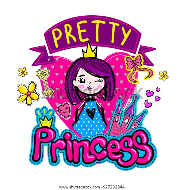 きれいなお姫様のtシャツのデザイン ピンクの心のある女の子の背景 城 鍵 花 女の子 王冠 蝶結び テープ 明るい色のかわいい漫画のポスター のベクター画像素材 ロイヤリティフリー