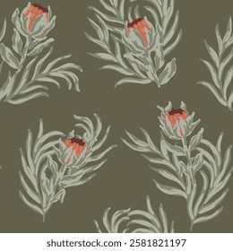 Pretty protea plant arranged as beautiful garden in a subtle color palette of coral red and sage green on forest green background. Simple tropical seamless vector pattern. Great for home decor, fabric