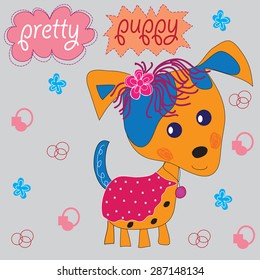 pretty puppy with flowers and curls vector illustration