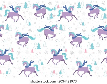 Pretty purple ponies and horses galloping through a snowy scene. This lovely seamless vector pattern is perfect for girls celebrating the winter holiday season.
