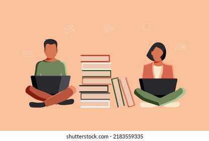 Pretty purposeful girl and boy are sitting together with laptops among books and textbooks. Online education concept in flat style on pink horizontal background. Vector.