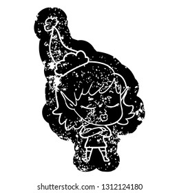 pretty quirky cartoon distressed icon of a elf girl wearing santa hat
