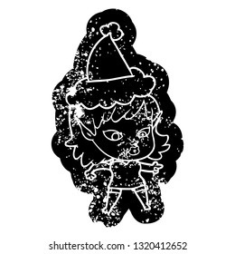 pretty quirky cartoon distressed icon of a elf girl wearing santa hat
