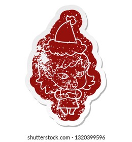 pretty quirky cartoon distressed sticker of a elf girl wearing santa hat