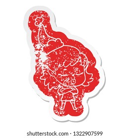 pretty quirky cartoon distressed sticker of a elf girl wearing santa hat