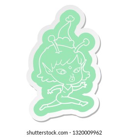 pretty quirky cartoon  sticker of a alien girl running wearing santa hat