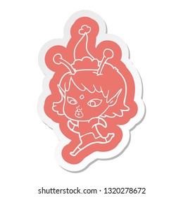 pretty quirky cartoon  sticker of a alien girl running wearing santa hat