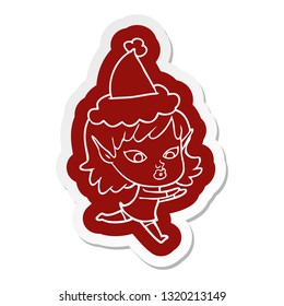 pretty quirky cartoon  sticker of a elf girl wearing santa hat