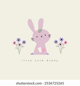 pretty rabbit and flowers drawing as vector for kids fashion tee print