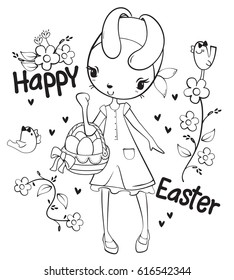 Pretty rabbit girl carrying basket of easter eggs. Coloring page. Vector illustration.
