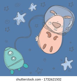 A pretty rabbit and space set, with a rocket,stars.Hand drawing vector cartoon scribble illustration.