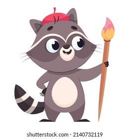 Pretty racoon with paintbrush cartoon vector illustration. Adorable grey mammal with beret standing on white background, drawing or painting. Wildlife animal, art, hobby concept