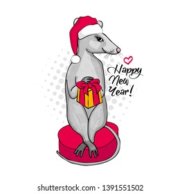 Pretty rat - santa claus with a red cap. Vector hand drawn illustration of dressed mouse with present. Happy New Year. Merry Christmas. 1