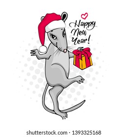 Pretty rat - santa claus with a red cap. Vector hand drawn illustration of dressed mouse with present. Happy New Year. Merry Christmas. 3