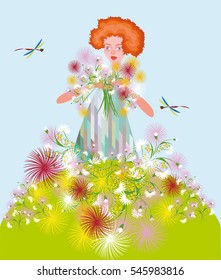 Pretty red hair charming little girl with summer flowers in her hands on the flower field and dragonflies flying around.  