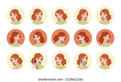 Pretty red hair girl, woman portrait set, businesswoman, female business bundle. Different emotions face icons, character pic. Vector flat style cartoon avatar circle set isolated on white background