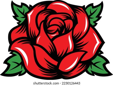 Una bonita rosa roja con 4 hojas a su alrededor. La rosa roja ha sido usada a través de las culturas para representar el amor y el romance por siglos.