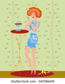 Pretty red-hair barefoot girl in a short blue dress eating cherries and leaning on the table.
